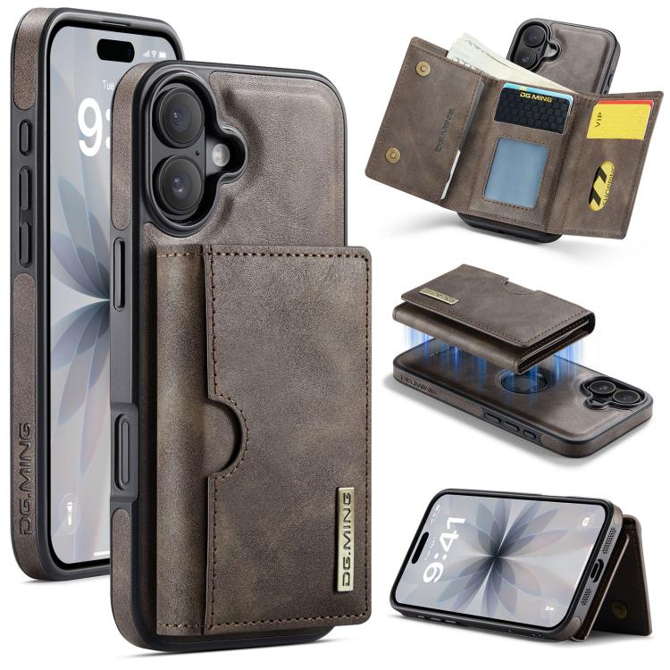 For iPhone 17 DG.MING M6 Series RFID Tri-fold Card Bag Removable Leather Phone Case(Coffee)