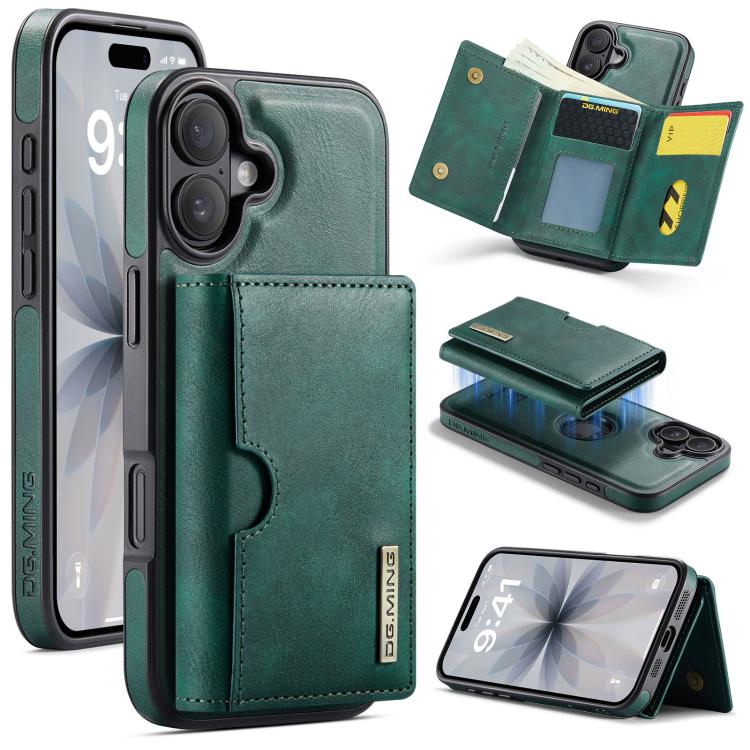 For iPhone 17 DG.MING M6 Series RFID Tri-fold Card Bag Removable Leather Phone Case(Green)