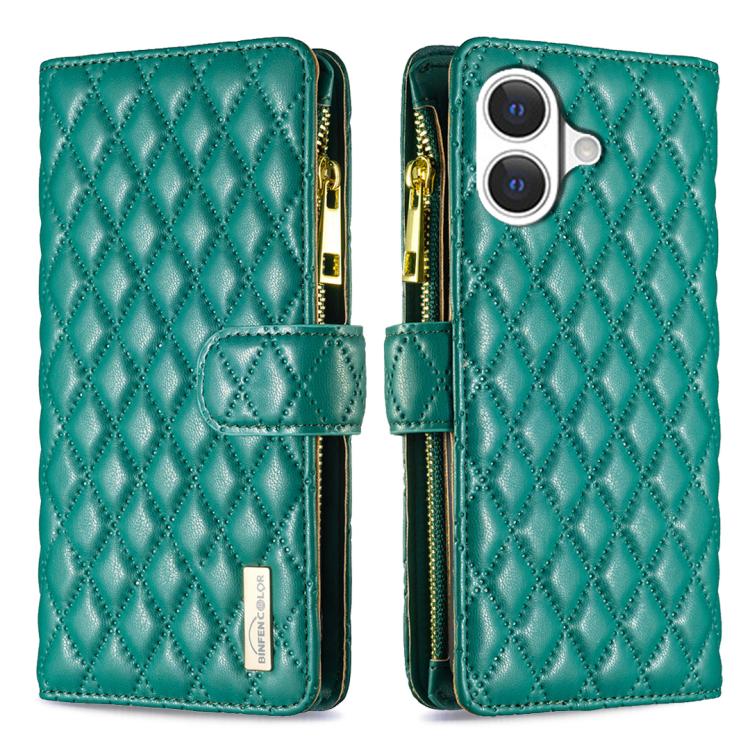 For iPhone 17 Diamond Lattice Zipper Wallet Leather Flip Phone Case(Green)