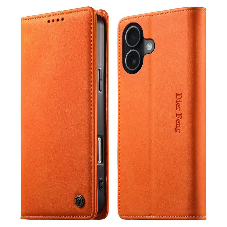 For iPhone 17 Dierfeng Metal Snap Magnetic RFID Vegan Leather Phone Case(Orange)