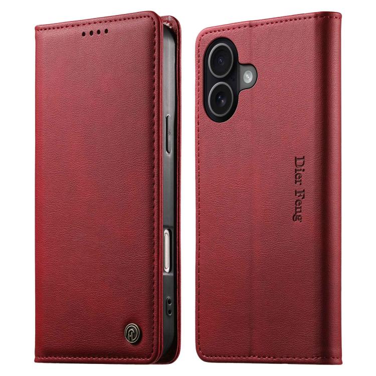 For iPhone 17 Dierfeng Metal Snap Magnetic RFID Vegan Leather Phone Case(Red)
