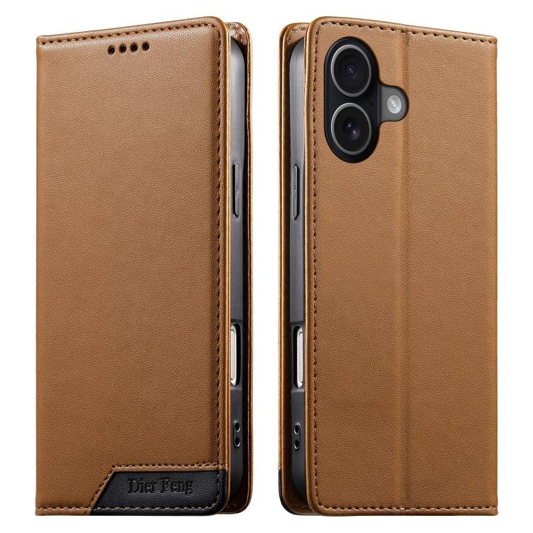 For iPhone 17 Dierfeng Splicing Strong Magnetic RFID Vegan Leather Phone Case(Brown)