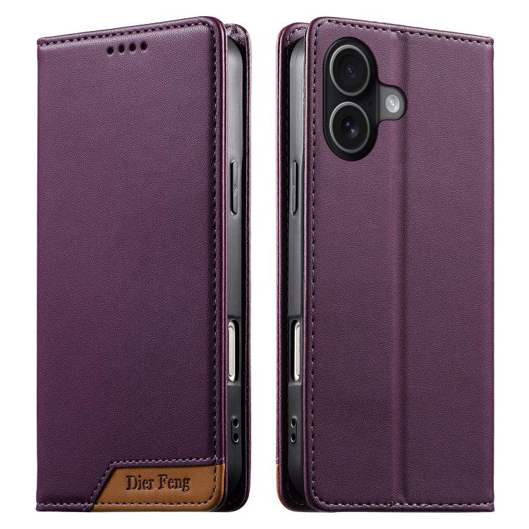 For iPhone 17 Dierfeng Splicing Strong Magnetic RFID Vegan Leather Phone Case(Purple)