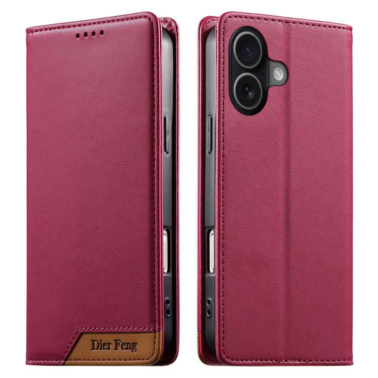 For iPhone 17 Dierfeng Splicing Strong Magnetic RFID Vegan Leather Phone Case(Red)
