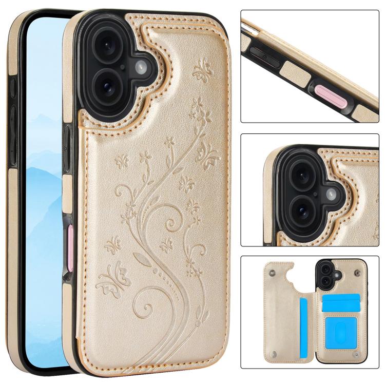 For iPhone 17 Double Buckle Butterfly Embossing PU Phone Case(Gold)