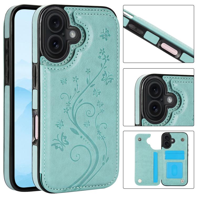 For iPhone 17 Double Buckle Butterfly Embossing PU Phone Case(Green)