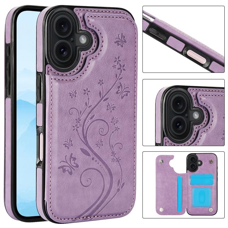 For iPhone 17 Double Buckle Butterfly Embossing PU Phone Case(Purple)