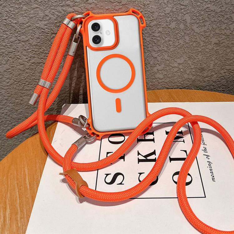 For iPhone 17 Drone-Style Four-Corner Shockproof Magnetic Acrylic Phone Case with Long and Short Lanyard(Orange)