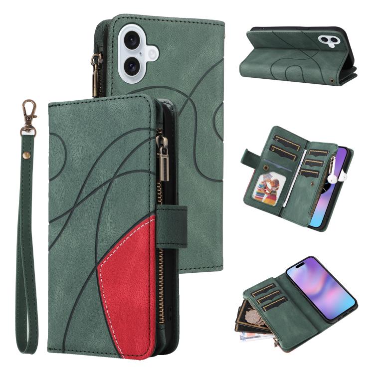 For iPhone 17 Dual-color 9 Card Slots Zipper Wallet Leather Phone Case(Green)