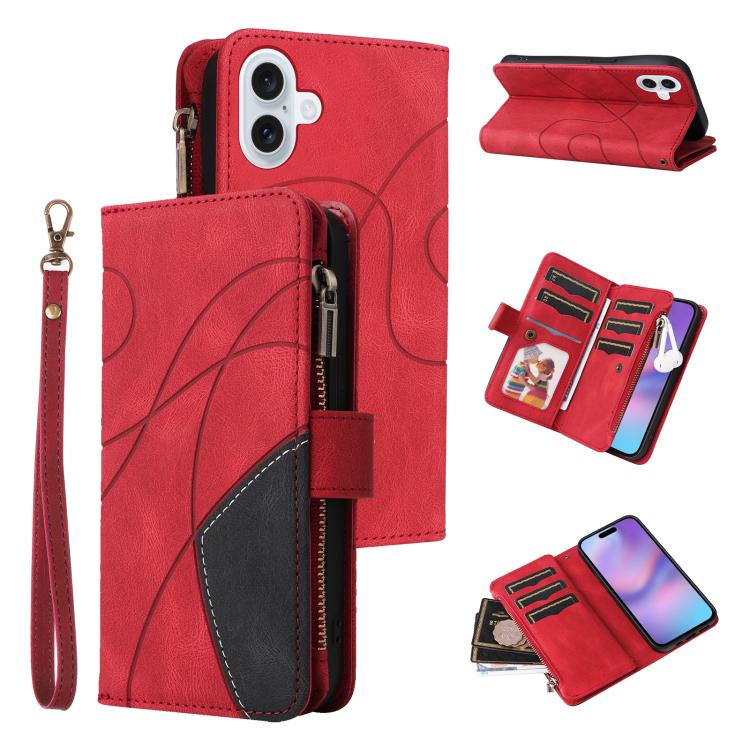 For iPhone 17 Dual-color 9 Card Slots Zipper Wallet Leather Phone Case(Red)
