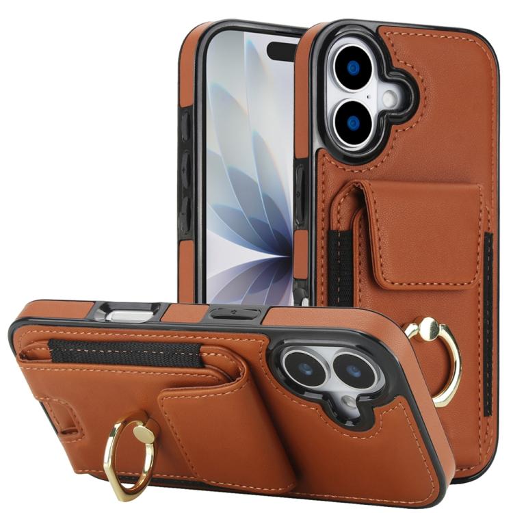 For iPhone 17 Elastic Card Bag Ring Holder Phone Case(Brown)