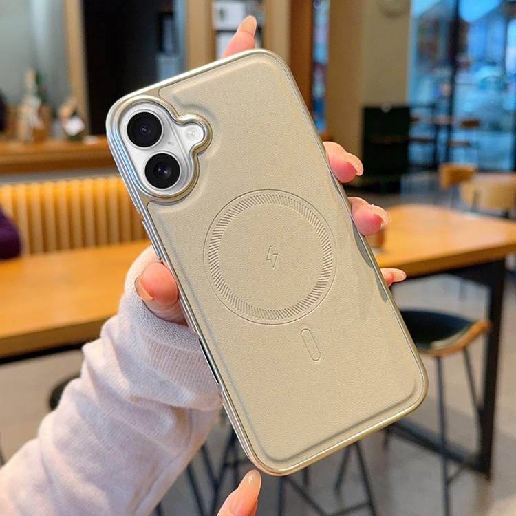 For iPhone 17 Electroplated PC Side Vegan Leather-Texture MagSafe Phone Case(Grey)
