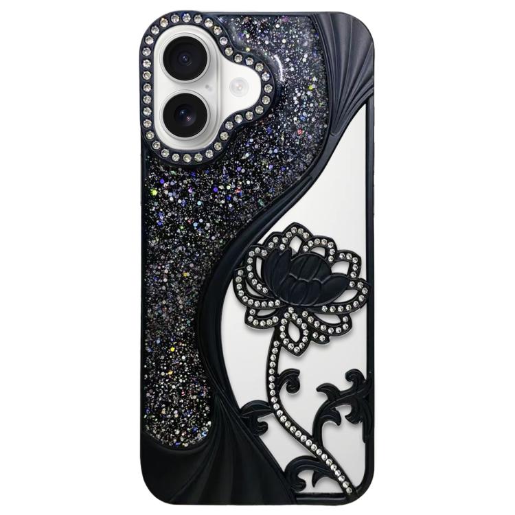 For iPhone 17 Electroplated TPU Lotus Hollow-carved Rhinestone Glitter Phone Case(Black)