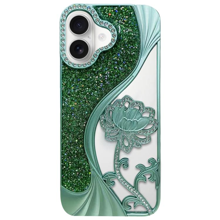 For iPhone 17 Electroplated TPU Lotus Hollow-carved Rhinestone Glitter Phone Case(Green)