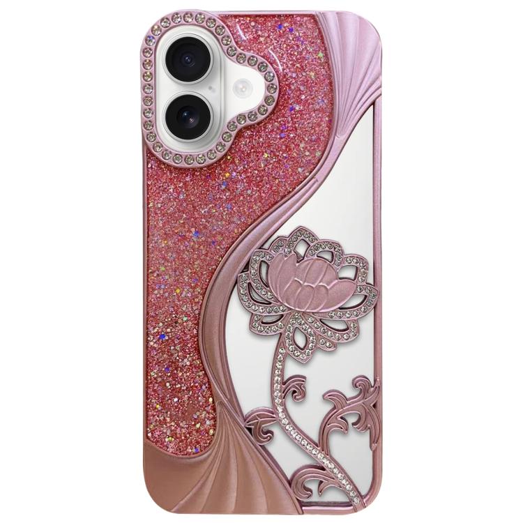 For iPhone 17 Electroplated TPU Lotus Hollow-carved Rhinestone Glitter Phone Case(Pink)
