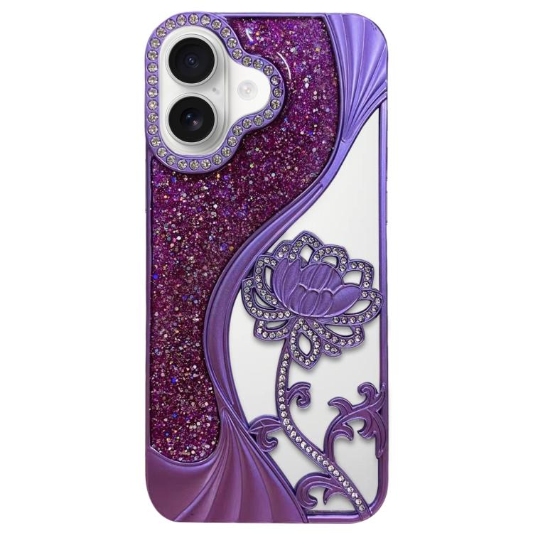 For iPhone 17 Electroplated TPU Lotus Hollow-carved Rhinestone Glitter Phone Case(Purple)