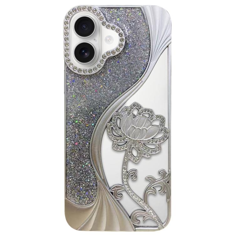 For iPhone 17 Electroplated TPU Lotus Hollow-carved Rhinestone Glitter Phone Case(Silver)