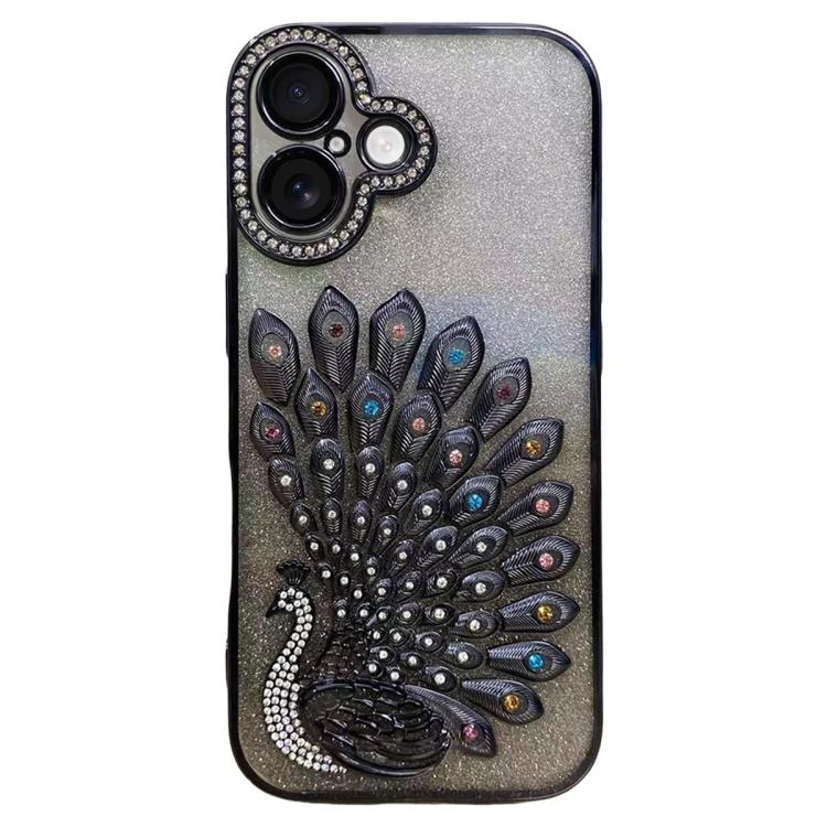 For iPhone 17 Electroplated TPU Peacock Relief Rhinestone Glitter Phone Case with Lens Film(Black)