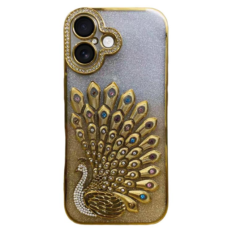 For iPhone 17 Electroplated TPU Peacock Relief Rhinestone Glitter Phone Case with Lens Film(Gold)