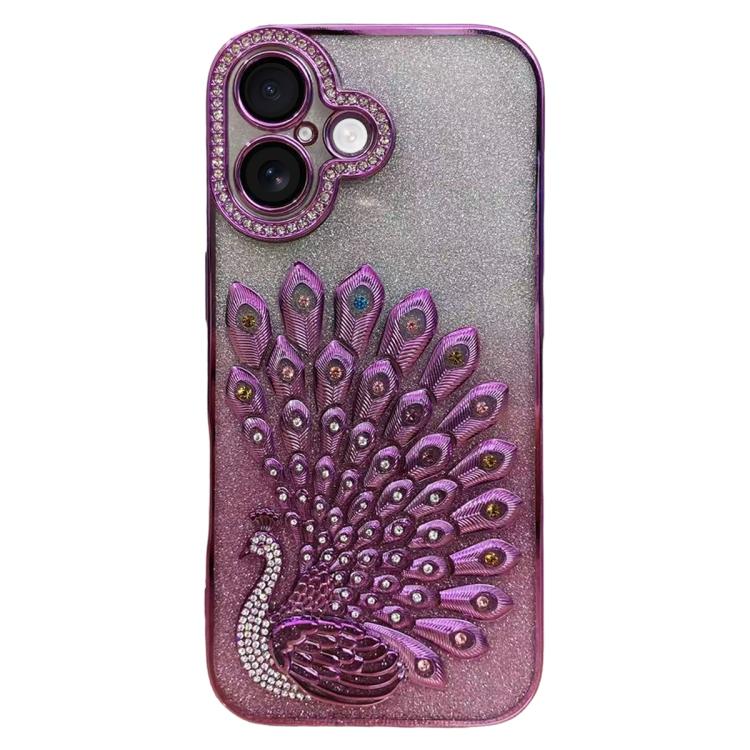 For iPhone 17 Electroplated TPU Peacock Relief Rhinestone Glitter Phone Case with Lens Film(Pink)