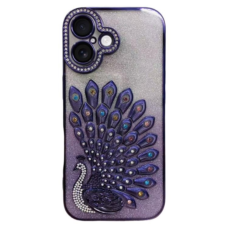 For iPhone 17 Electroplated TPU Peacock Relief Rhinestone Glitter Phone Case with Lens Film(Purple)