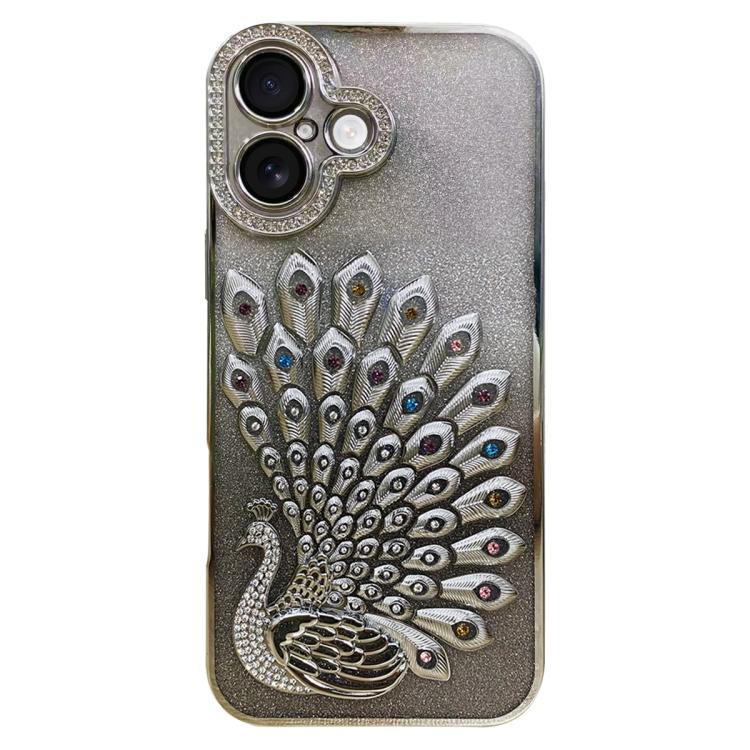 For iPhone 17 Electroplated TPU Peacock Relief Rhinestone Glitter Phone Case with Lens Film(Silver)