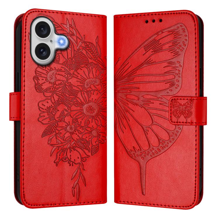 For iPhone 17 Embossed Butterfly Leather Phone Case(Red)
