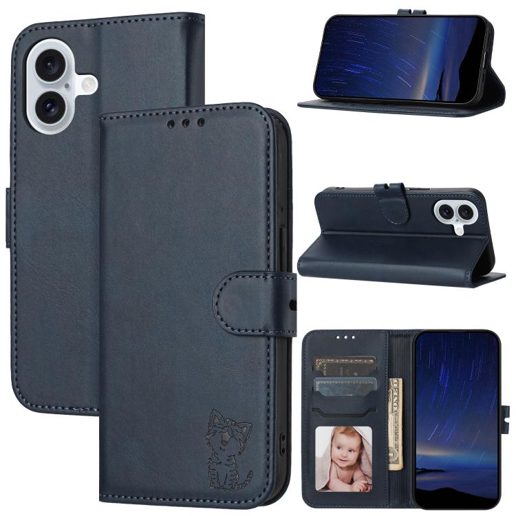 For iPhone 17 Embossed Happy Cat Pattern Flip Leather Phone Case(Blue)
