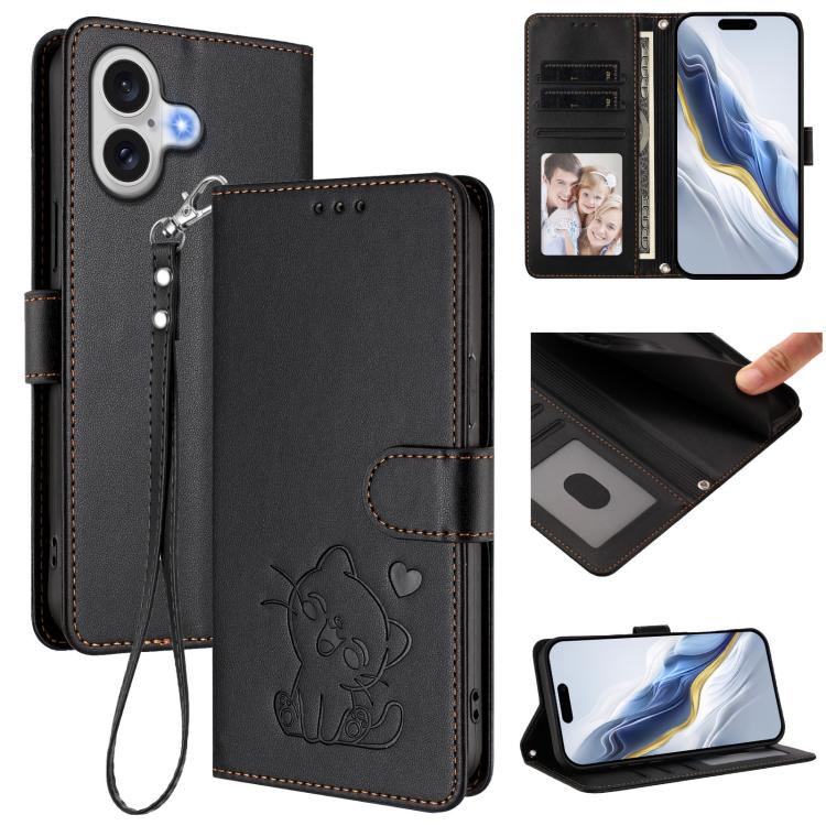 For iPhone 17 Embossed Heart Cat Leather Phone Case with Hand Strap(Black)