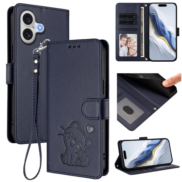 For iPhone 17 Embossed Heart Cat Leather Phone Case with Hand Strap(Blue)