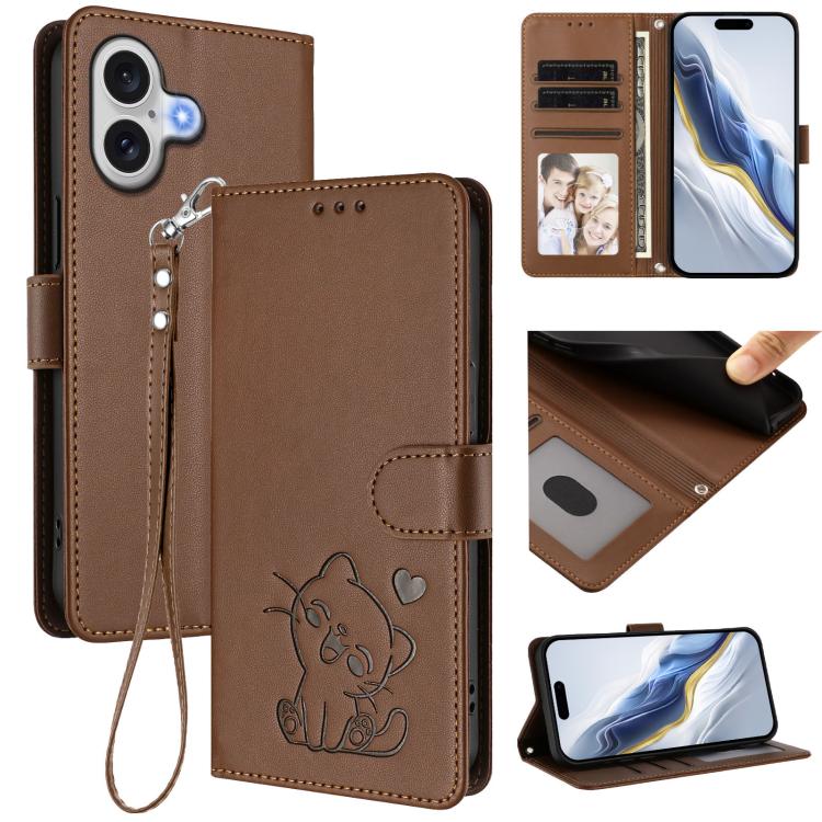For iPhone 17 Embossed Heart Cat Leather Phone Case with Hand Strap(Brown)