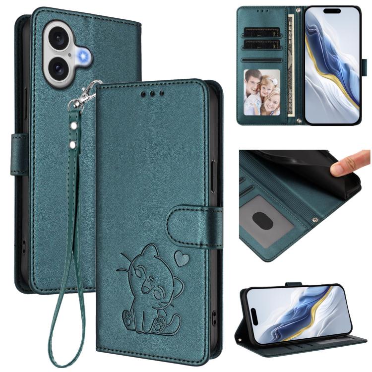 For iPhone 17 Embossed Heart Cat Leather Phone Case with Hand Strap(Dark Green)