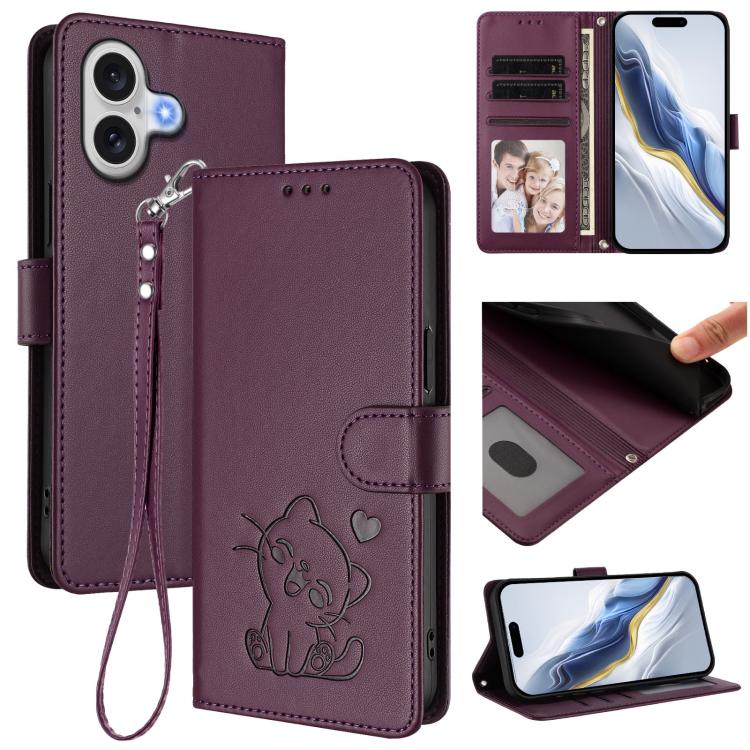 For iPhone 17 Embossed Heart Cat Leather Phone Case with Hand Strap(Dark Purple)