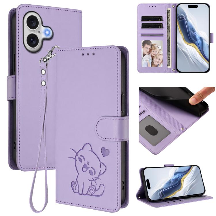 For iPhone 17 Embossed Heart Cat Leather Phone Case with Hand Strap(Light Purple)