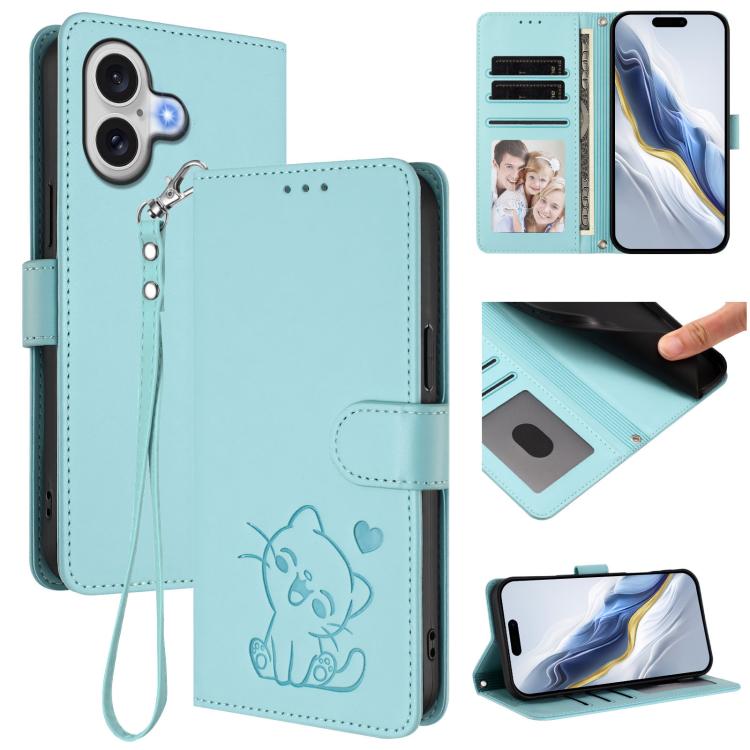 For iPhone 17 Embossed Heart Cat Leather Phone Case with Hand Strap(Mint Green)