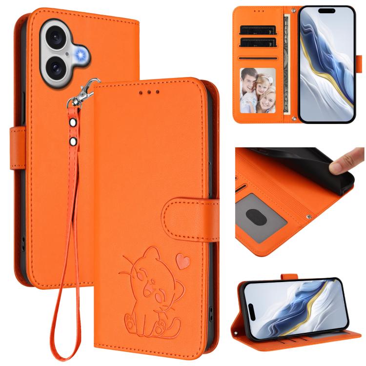 For iPhone 17 Embossed Heart Cat Leather Phone Case with Hand Strap(Orange)
