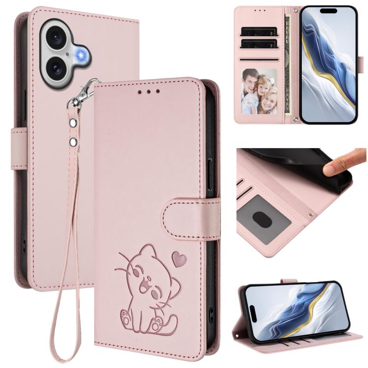 For iPhone 17 Embossed Heart Cat Leather Phone Case with Hand Strap(Pink)