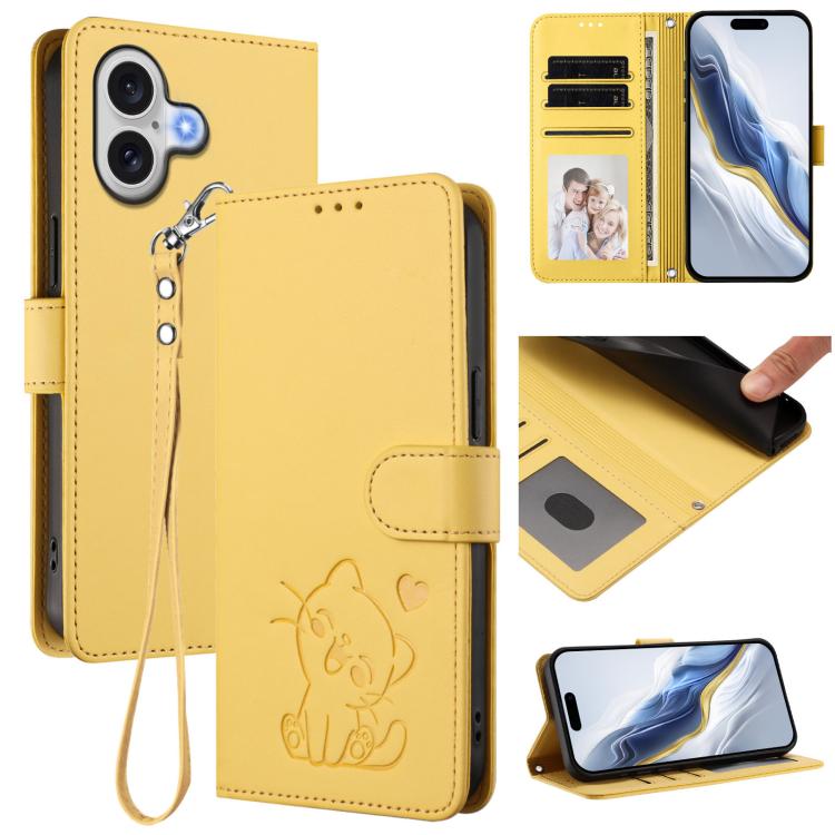 For iPhone 17 Embossed Heart Cat Leather Phone Case with Hand Strap(Yellow)
