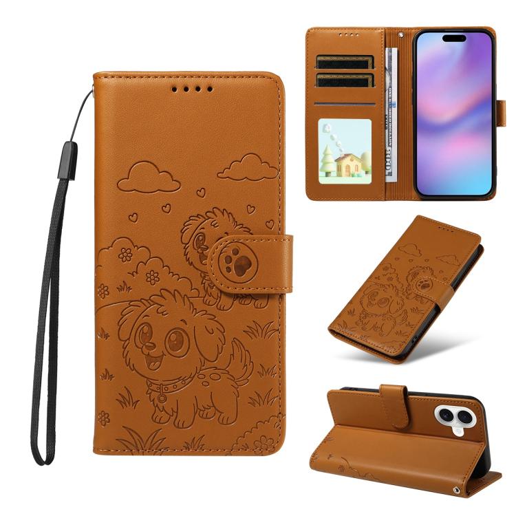 For iPhone 17 Embossed Heart Dog RFID Blocking Wallet Leather Phone Case(Brown)