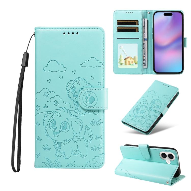 For iPhone 17 Embossed Heart Dog RFID Blocking Wallet Leather Phone Case(Green)