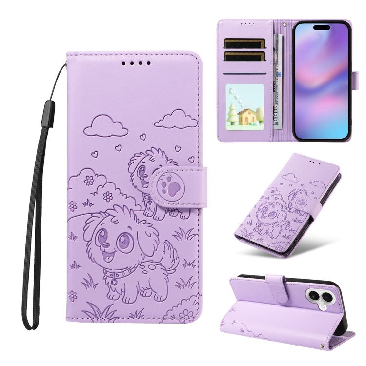 For iPhone 17 Embossed Heart Dog RFID Blocking Wallet Leather Phone Case(Purple)