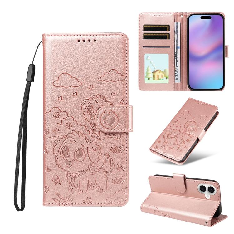 For iPhone 17 Embossed Heart Dog RFID Blocking Wallet Leather Phone Case(Rose Gold)