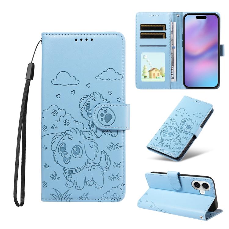 For iPhone 17 Embossed Heart Dog RFID Blocking Wallet Leather Phone Case(Sky Blue)