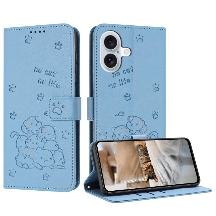 For iPhone 17 Embossed Kitten Phone Leather Case with Lanyard(Blue)