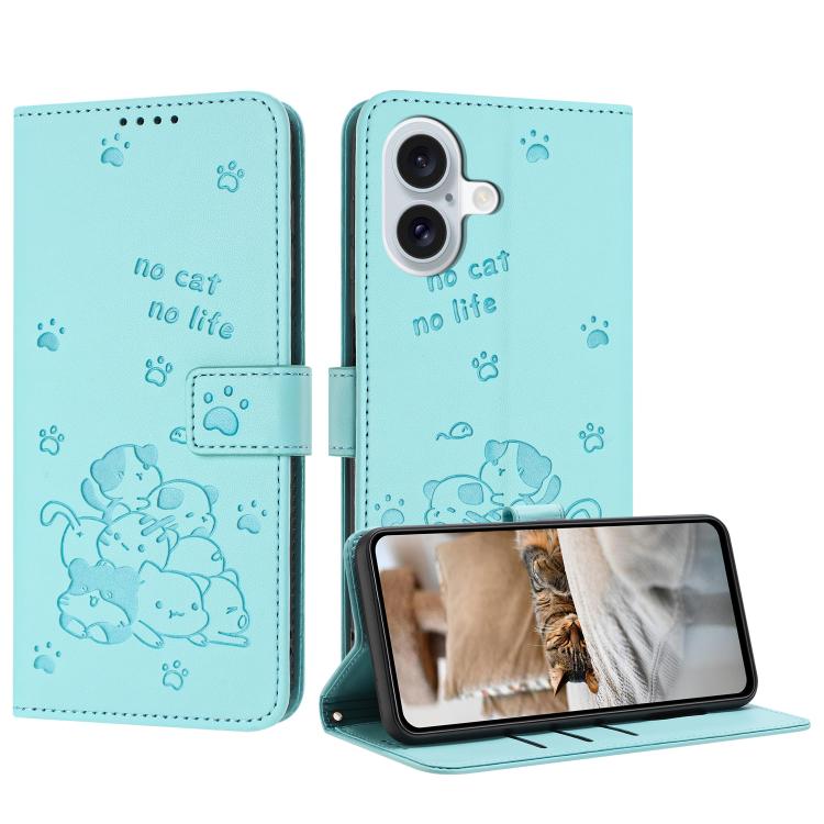 For iPhone 17 Embossed Kitten Phone Leather Case with Lanyard(Mint Green)