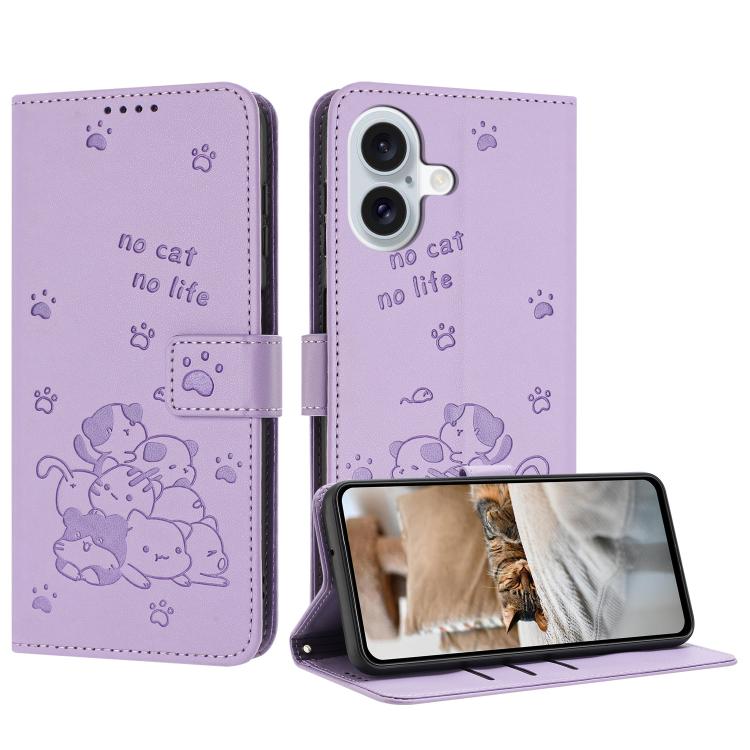 For iPhone 17 Embossed Kitten Phone Leather Case with Lanyard(Purple)