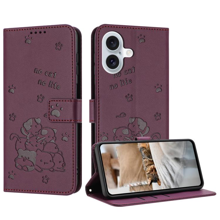For iPhone 17 Embossed Kitten Phone Leather Case with Lanyard(Wine Red)
