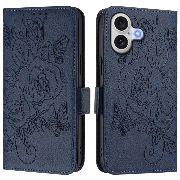 For iPhone 17 Embossed Rose RFID Anti-theft Leather Phone Case(Dark Blue)