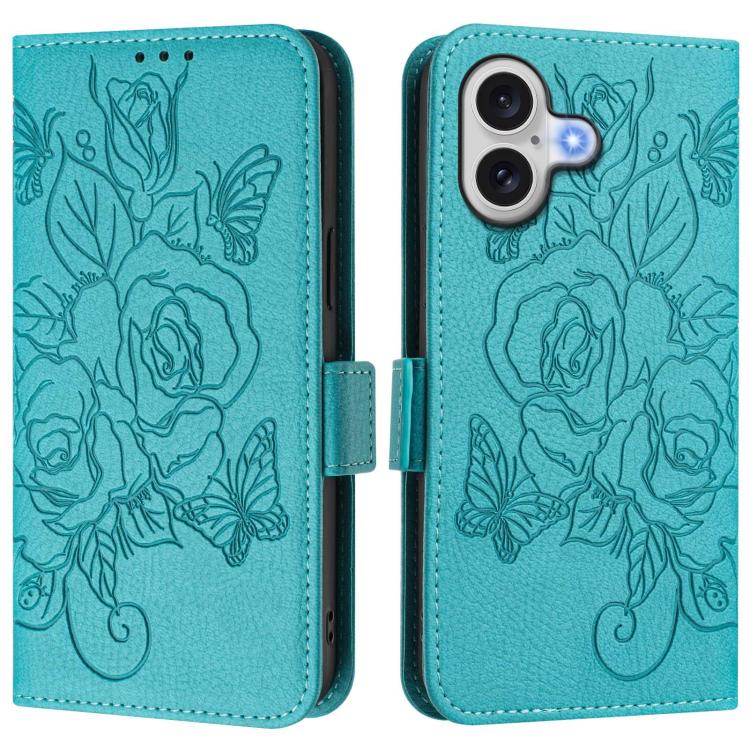 For iPhone 17 Embossed Rose RFID Anti-theft Leather Phone Case(Light Blue)