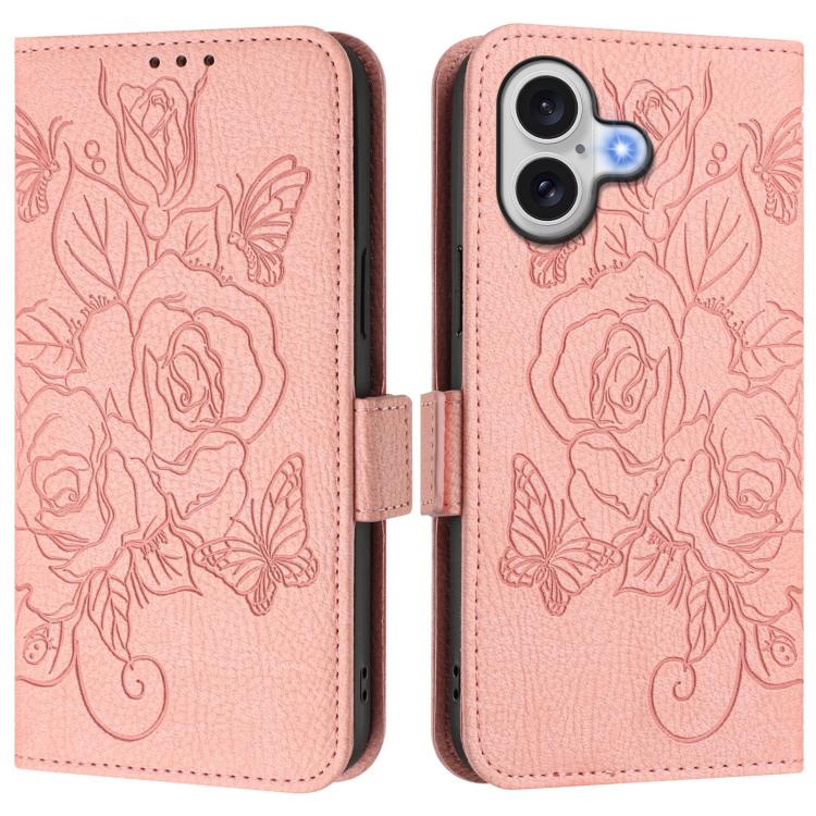 For iPhone 17 Embossed Rose RFID Anti-theft Leather Phone Case(Pink)